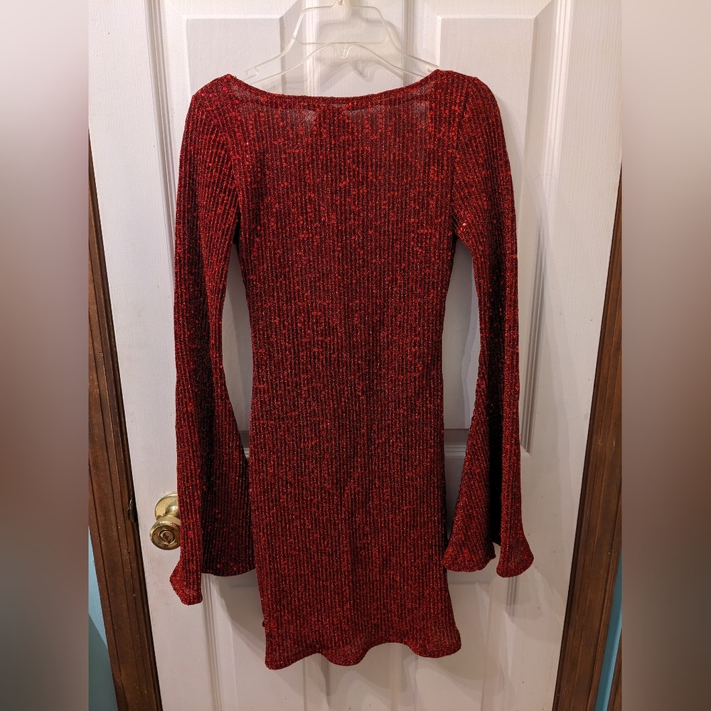 ASOS Red Sequined Low Back Bell Sleeve Dress Size XS BNWT